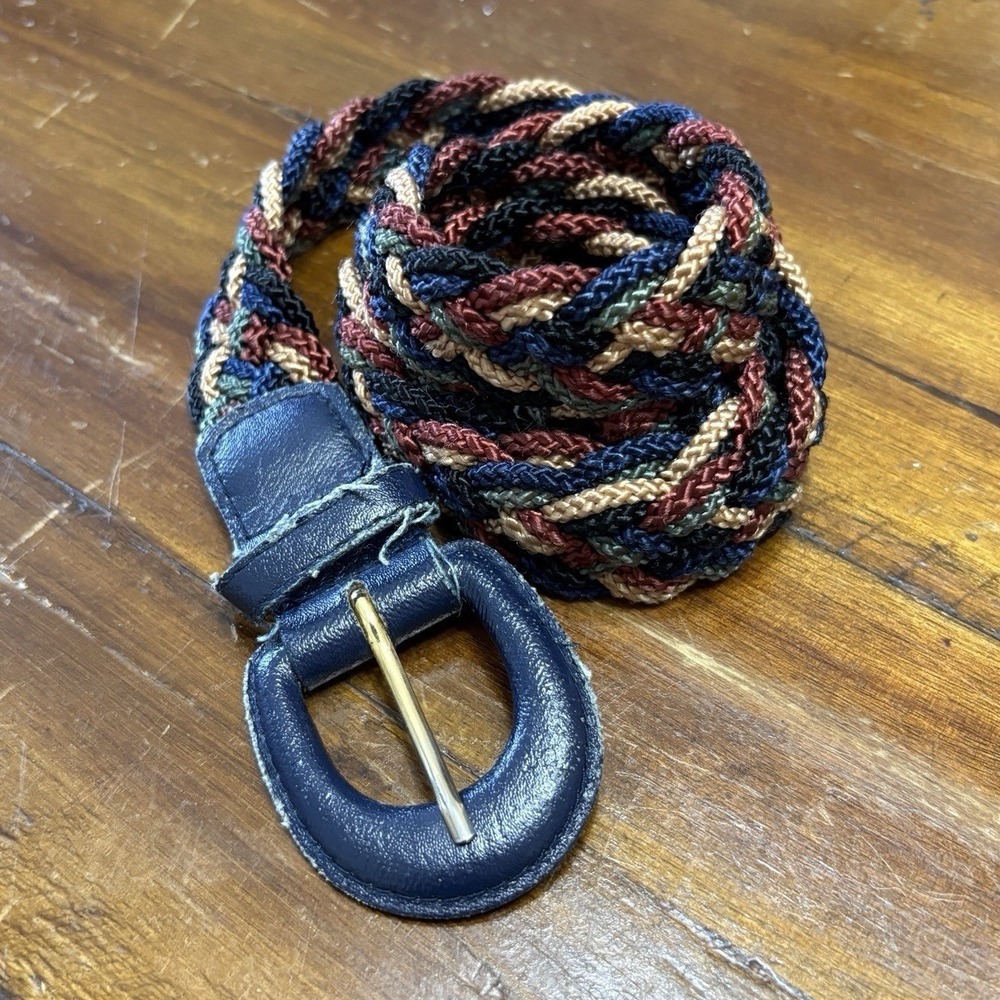 Vtg Braided Woven Belt Blue Multicolor Nylon Size 34-36 ~40"